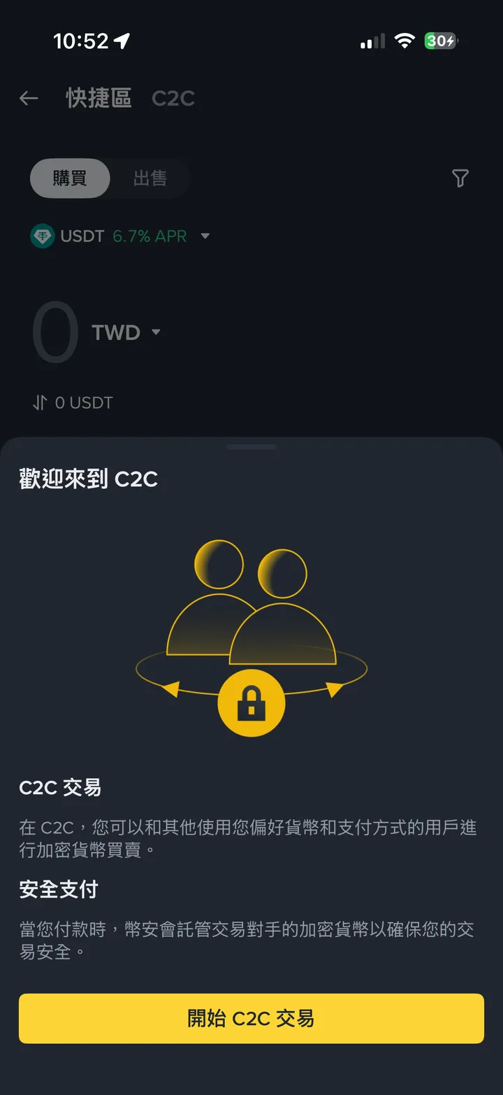 C2C 頁面：「購買」「出售」切換、USDT 對 TWD，以及「歡迎來到 C2C」的說明
