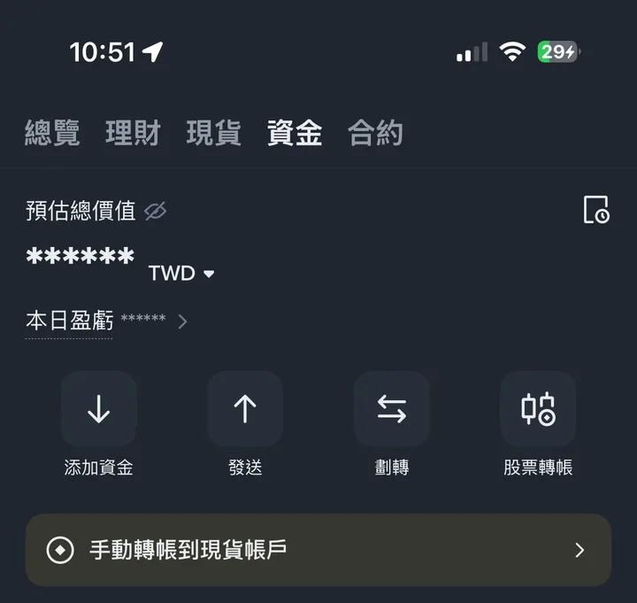 「資產」頁的「資金」分頁：「添加資金」「發送」「劃轉」「股票轉帳」按鈕與「手動轉帳到現貨帳戶」入口（餘額已遮蔽）