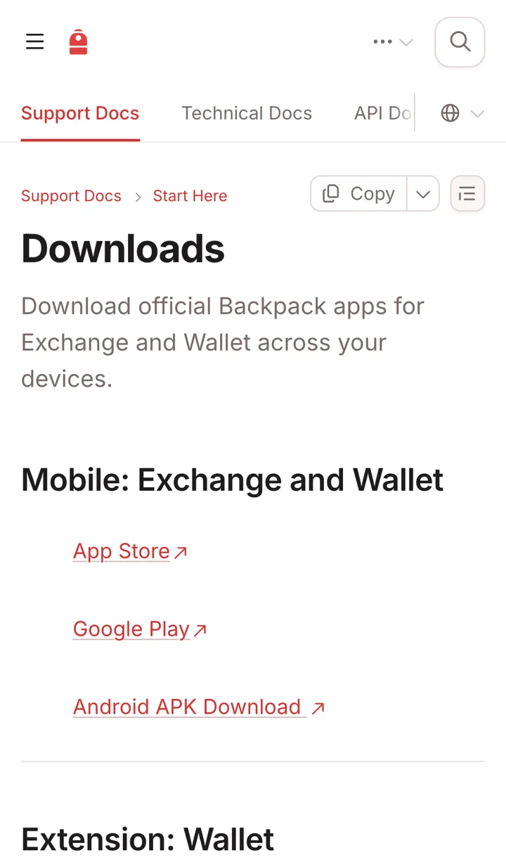 官方說明中心的 Downloads 頁：「Mobile: Exchange and Wallet」下列出 App Store、Google Play、Android APK Download